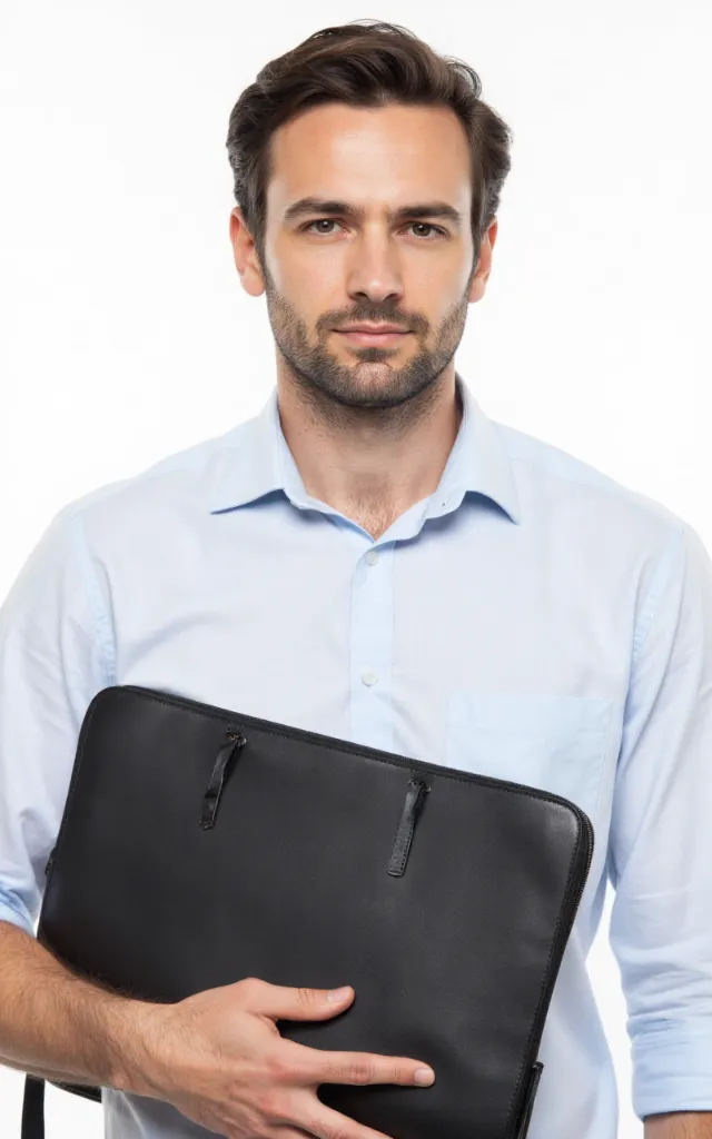 A French male model with a Business   oriented laptop bag, wearing a shirt, against a white background, in a front   facing close   up